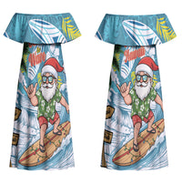 Hawaii Summer Christmas Couples Matching Off Shoulder Maxi Dress and Long Sleeve Button Shirt Surfing Santa Shaka Catch The Wave LT14