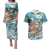 Hawaii Summer Christmas Couples Matching Puletasi and Hawaiian Shirt Surfing Santa Shaka Catch The Wave LT14 Teal - Polynesian Pride