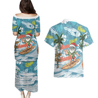 Hawaii Summer Christmas Couples Matching Puletasi and Hawaiian Shirt Surfing Santa Shaka Catch The Wave