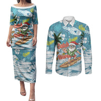 Hawaii Summer Christmas Couples Matching Puletasi and Long Sleeve Button Shirt Surfing Santa Shaka Catch The Wave LT14 Teal - Polynesian Pride