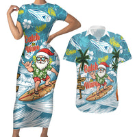 Hawaii Summer Christmas Couples Matching Short Sleeve Bodycon Dress and Hawaiian Shirt Surfing Santa Shaka Catch The Wave LT14 Teal - Polynesian Pride
