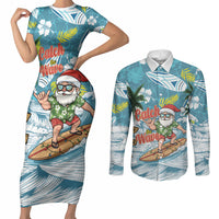 Hawaii Summer Christmas Couples Matching Short Sleeve Bodycon Dress and Long Sleeve Button Shirt Surfing Santa Shaka Catch The Wave LT14 Teal - Polynesian Pride