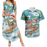 Hawaii Summer Christmas Couples Matching Summer Maxi Dress and Hawaiian Shirt Surfing Santa Shaka Catch The Wave LT14 Teal - Polynesian Pride