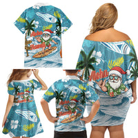Hawaii Summer Christmas Family Matching Off Shoulder Short Dress and Hawaiian Shirt Surfing Santa Shaka Catch The Wave