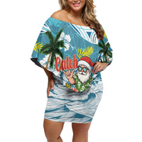 Hawaii Summer Christmas Family Matching Off Shoulder Short Dress and Hawaiian Shirt Surfing Santa Shaka Catch The Wave