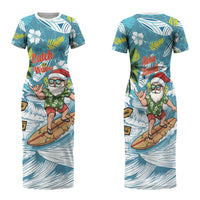 Hawaii Summer Christmas Family Matching Short Sleeve Bodycon Dress and Hawaiian Shirt Surfing Santa Shaka Catch The Wave LT14 Mom's Dress Teal - Polynesian Pride