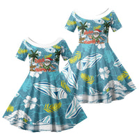 Hawaii Summer Christmas Family Matching Tank Maxi Dress and Hawaiian Shirt Surfing Santa Shaka Catch The Wave LT14 Daughter's Dress Teal - Polynesian Pride