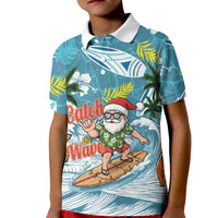 Hawaii Summer Christmas Kid Polo Shirt Surfing Santa Shaka Catch The Wave