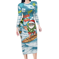 Hawaii Summer Christmas Long Sleeve Bodycon Dress Surfing Santa Shaka Catch The Wave LT14 Long Dress Teal - Polynesian Pride