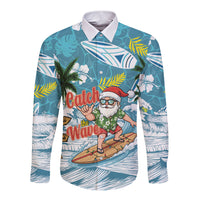 Hawaii Summer Christmas Long Sleeve Button Shirt Surfing Santa Shaka Catch The Wave LT14 Unisex Teal - Polynesian Pride