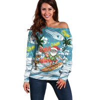 Hawaii Summer Christmas Off Shoulder Sweater Surfing Santa Shaka Catch The Wave