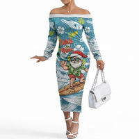 Hawaii Summer Christmas Off The Shoulder Long Sleeve Dress Surfing Santa Shaka Catch The Wave LT14 Women Teal - Polynesian Pride