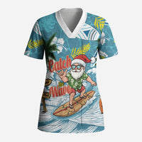 Hawaii Summer Christmas Scrub Top Surfing Santa Shaka Catch The Wave