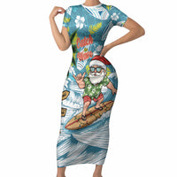 Hawaii Summer Christmas Short Sleeve Bodycon Dress Surfing Santa Shaka Catch The Wave LT14 Long Dress Teal - Polynesian Pride