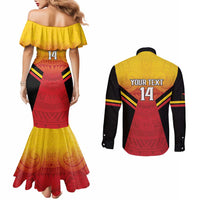 Papua New Guinea Rugby Custom Couples Matching Mermaid Dress and Long Sleeve Button Shirt Go PNG Hunters Polynesian Pattern - Polynesian Pride