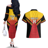 Papua New Guinea Rugby Custom Couples Matching Off The Shoulder Long Sleeve Dress and Hawaiian Shirt Go PNG Hunters Polynesian Pattern - Polynesian Pride