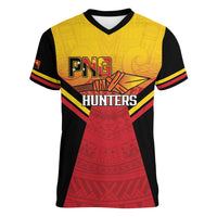 Papua New Guinea Rugby Custom Women V-Neck T-Shirt Go PNG Hunters Polynesian Pattern - Polynesian Pride