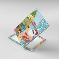 Aloha Hawaii Mele Kalikimaka Canvas Wall Art Chilling Santa With Pineapple - Polynesian Pattern LT14 With Frame Cyan - Polynesian Pride
