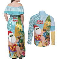 Aloha Hawaii Mele Kalikimaka Couples Matching Off Shoulder Maxi Dress and Long Sleeve Button Shirt Chilling Santa With Pineapple - Polynesian Pattern LT14 - Polynesian Pride