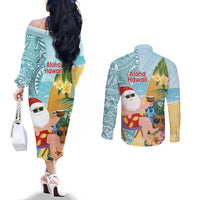 Aloha Hawaii Mele Kalikimaka Couples Matching Off The Shoulder Long Sleeve Dress and Long Sleeve Button Shirt Chilling Santa With Pineapple - Polynesian Pattern LT14 - Polynesian Pride