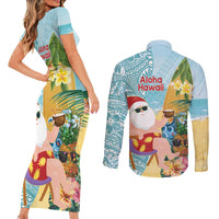 Aloha Hawaii Mele Kalikimaka Couples Matching Short Sleeve Bodycon Dress and Long Sleeve Button Shirt Chilling Santa With Pineapple - Polynesian Pattern LT14 - Polynesian Pride
