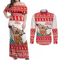 Mele Kalikimaka Hawaii Couples Matching Off Shoulder Maxi Dress and Long Sleeve Button Shirt Water-skiing Santa Tropical Vibes LT14 Red - Polynesian Pride