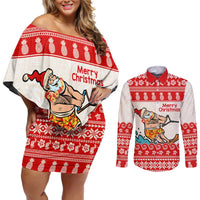 Mele Kalikimaka Hawaii Couples Matching Off Shoulder Short Dress and Long Sleeve Button Shirt Water-skiing Santa Tropical Vibes LT14 Red - Polynesian Pride