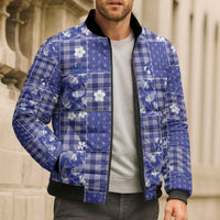 Blue Palaka Japanese Patterns Bomber Puffer Jacket Koi Fish Asanoha Sakura Patchwork Stylized LT14 - Polynesian Pride