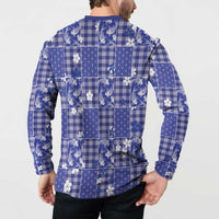 Blue Palaka Japanese Patterns Button Sweatshirt Koi Fish Asanoha Sakura Patchwork Stylized LT14 - Polynesian Pride