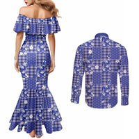 Blue Palaka Japanese Patterns Couples Matching Mermaid Dress and Long Sleeve Button Shirt Koi Fish Asanoha Sakura Patchwork Stylized LT14 - Polynesian Pride