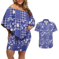 Blue Palaka Japanese Patterns Couples Matching Off Shoulder Short Dress and Hawaiian Shirt Koi Fish Asanoha Sakura Patchwork Stylized - Polynesian Pride