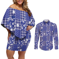 Blue Palaka Japanese Patterns Couples Matching Off Shoulder Short Dress and Long Sleeve Button Shirt Koi Fish Asanoha Sakura Patchwork Stylized LT14 Blue - Polynesian Pride
