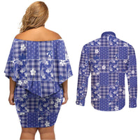 Blue Palaka Japanese Patterns Couples Matching Off Shoulder Short Dress and Long Sleeve Button Shirt Koi Fish Asanoha Sakura Patchwork Stylized LT14 - Polynesian Pride