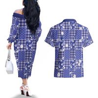 Blue Palaka Japanese Patterns Couples Matching Off The Shoulder Long Sleeve Dress and Hawaiian Shirt Koi Fish Asanoha Sakura Patchwork Stylized - Polynesian Pride