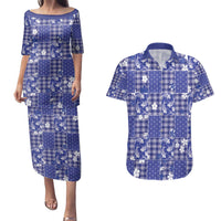 Blue Palaka Japanese Patterns Couples Matching Puletasi and Hawaiian Shirt Koi Fish Asanoha Sakura Patchwork Stylized LT14 Blue - Polynesian Pride