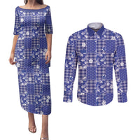 Blue Palaka Japanese Patterns Couples Matching Puletasi and Long Sleeve Button Shirt Koi Fish Asanoha Sakura Patchwork Stylized LT14 Blue - Polynesian Pride