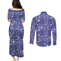 Blue Palaka Japanese Patterns Couples Matching Puletasi and Long Sleeve Button Shirt Koi Fish Asanoha Sakura Patchwork Stylized LT14 - Polynesian Pride