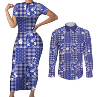 Blue Palaka Japanese Patterns Couples Matching Short Sleeve Bodycon Dress and Long Sleeve Button Shirt Koi Fish Asanoha Sakura Patchwork Stylized LT14 Blue - Polynesian Pride