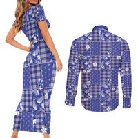 Blue Palaka Japanese Patterns Couples Matching Short Sleeve Bodycon Dress and Long Sleeve Button Shirt Koi Fish Asanoha Sakura Patchwork Stylized LT14 - Polynesian Pride