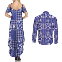 Blue Palaka Japanese Patterns Couples Matching Summer Maxi Dress and Long Sleeve Button Shirt Koi Fish Asanoha Sakura Patchwork Stylized LT14 - Polynesian Pride