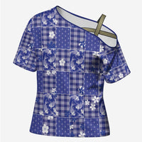 Blue Palaka Japanese Patterns Cross Shoulder Shirt Koi Fish Asanoha Sakura Patchwork Stylized LT14 Female Blue - Polynesian Pride