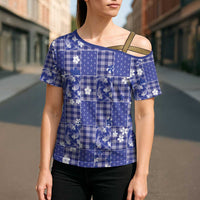 Blue Palaka Japanese Patterns Cross Shoulder Shirt Koi Fish Asanoha Sakura Patchwork Stylized LT14 - Polynesian Pride