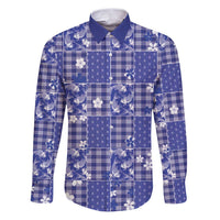Blue Palaka Japanese Patterns Family Matching Puletasi and Hawaiian Shirt Koi Fish Asanoha Sakura Patchwork Stylized LT14 Dad's Shirt - Long Sleeve Blue - Polynesian Pride