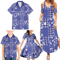 Blue Palaka Japanese Patterns Family Matching Summer Maxi Dress and Hawaiian Shirt Koi Fish Asanoha Sakura Patchwork Stylized - Polynesian Pride