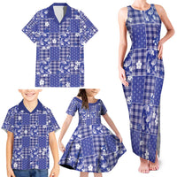 Blue Palaka Japanese Patterns Family Matching Tank Maxi Dress and Hawaiian Shirt Koi Fish Asanoha Sakura Patchwork Stylized - Polynesian Pride