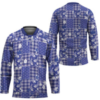 Blue Palaka Japanese Patterns Hockey Jersey Koi Fish Asanoha Sakura Patchwork Stylized - Polynesian Pride