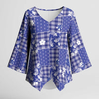 Blue Palaka Japanese Patterns Kimono Sleeve Blouse Koi Fish Asanoha Sakura Patchwork Stylized LT14 Female Blue - Polynesian Pride