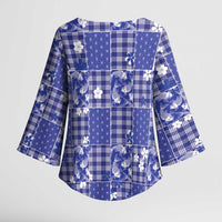 Blue Palaka Japanese Patterns Kimono Sleeve Blouse Koi Fish Asanoha Sakura Patchwork Stylized LT14 - Polynesian Pride