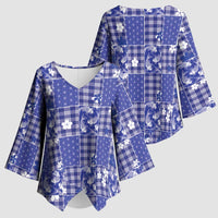Blue Palaka Japanese Patterns Kimono Sleeve Blouse Koi Fish Asanoha Sakura Patchwork Stylized LT14 - Polynesian Pride