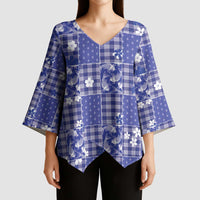 Blue Palaka Japanese Patterns Kimono Sleeve Blouse Koi Fish Asanoha Sakura Patchwork Stylized LT14 - Polynesian Pride